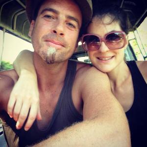 Very happy backpacking honeymooners