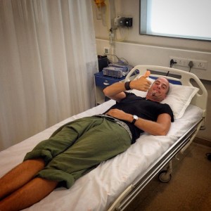 Thumb surgery over. Looking quite happy considering..